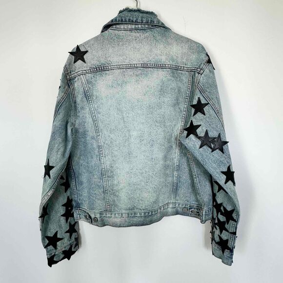 mnml Men's Blue Denim Distressed Star Patch Button Front Jacket Size Medium - Picture 2 of 4